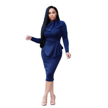 Load image into Gallery viewer, New Autumn Fashion Dress Women Office Workwear Mid-calf Dresses Stand Bow Neck A-line Zipper Vestidos