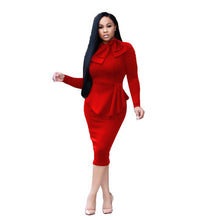 Load image into Gallery viewer, New Autumn Fashion Dress Women Office Workwear Mid-calf Dresses Stand Bow Neck A-line Zipper Vestidos
