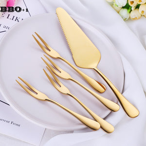 Golden Plated 304 Stainless Steel Cake Shovel Knife Fork Set Wedding Cake Dessert Salad Fruit Mini Forks Gold Flatware Cutlery