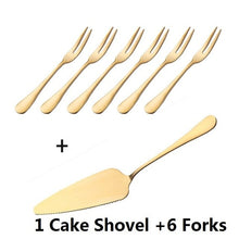 Load image into Gallery viewer, Golden Plated 304 Stainless Steel Cake Shovel Knife Fork Set Wedding Cake Dessert Salad Fruit Mini Forks Gold Flatware Cutlery