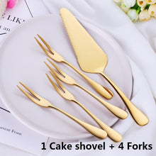 Load image into Gallery viewer, Golden Plated 304 Stainless Steel Cake Shovel Knife Fork Set Wedding Cake Dessert Salad Fruit Mini Forks Gold Flatware Cutlery