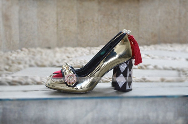 Women's Pumps 9 cm Woman Party Shoes Wedding Square Heel Sexy real Leather Pearl tassel Spring Gold Silver Purple YT05 MUYISEXI