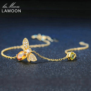 LAMOON Bee 5X7mm 100% Natural Oval Citrine 925 Sterling Silver Jewelry Gold-color Chain Charm Bracelet S925 LMHI002