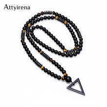 Load image into Gallery viewer, 2018 New Design Long Necklac 8MM Tiger Stone Bead Black Men&#39;s Hematite Triangle Pendants Necklace Fashion Geometry Jewelry