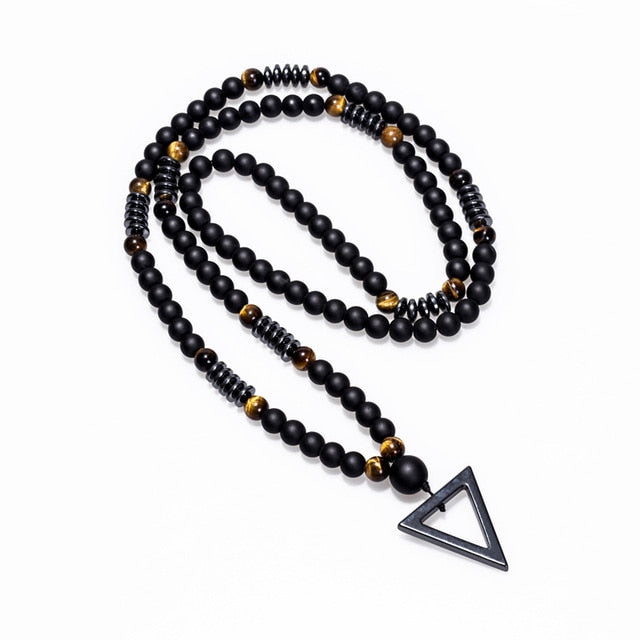 2018 New Design Long Necklac 8MM Tiger Stone Bead Black Men's Hematite Triangle Pendants Necklace Fashion Geometry Jewelry