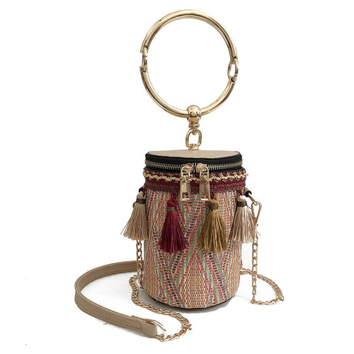 TTOU Bohemia Bucket Cylindrical Straw Bags Barrel-Shaped Woven Women Bamboo Crossbody Bags tassel Metal Handle Shoulder Bag