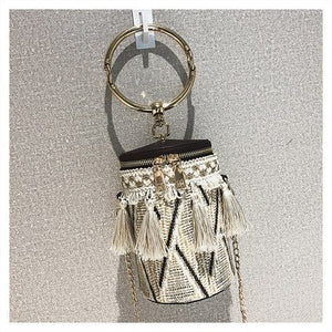 TTOU Bohemia Bucket Cylindrical Straw Bags Barrel-Shaped Woven Women Bamboo Crossbody Bags tassel Metal Handle Shoulder Bag