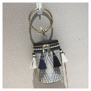 TTOU Bohemia Bucket Cylindrical Straw Bags Barrel-Shaped Woven Women Bamboo Crossbody Bags tassel Metal Handle Shoulder Bag