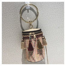Load image into Gallery viewer, TTOU Bohemia Bucket Cylindrical Straw Bags Barrel-Shaped Woven Women Bamboo Crossbody Bags tassel Metal Handle Shoulder Bag