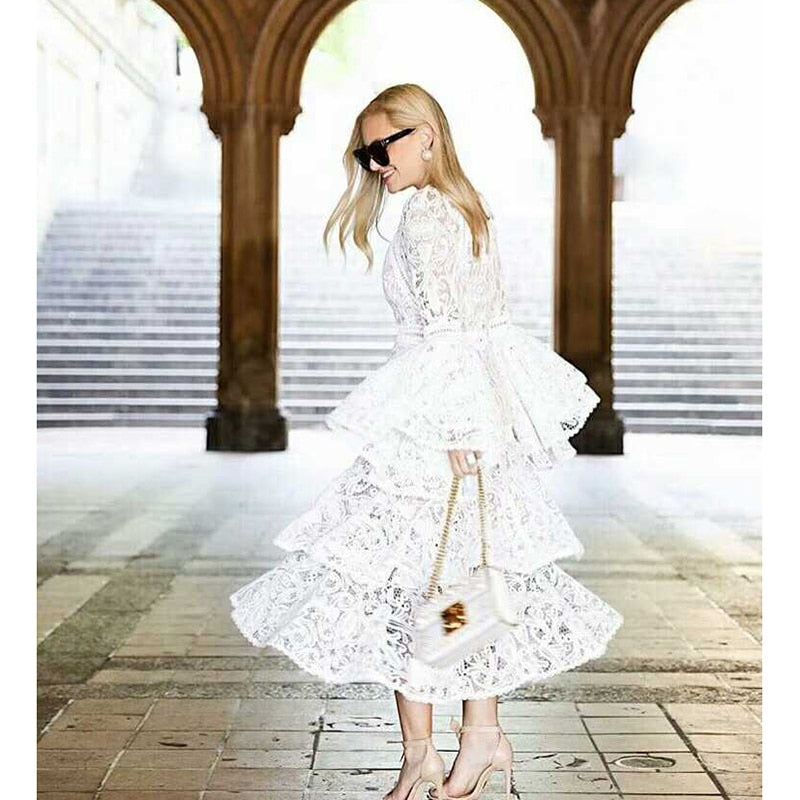 HIGH QUALITY New Fashion Designer Runway Dress Women's Flare Sleeve Lace Cascading Ruffle Dress