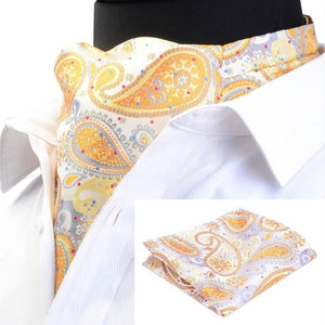 Men Handkerchief Cravat Set Silk Paisley Pattern Gentlemen Dots Tie Wedding Ascot Bowtie Tuxedo