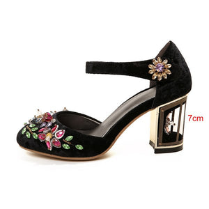Woman Mary Jane Shoes Velvet with Rhinestone 7cm/9cm Strange Style Heel Shoes Wedding Party Shoes size 33-43 MENG03 MUYISEXI