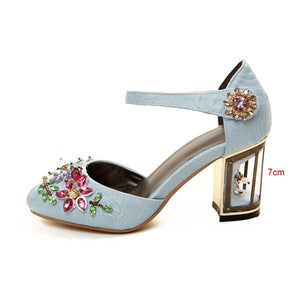 Woman Mary Jane Shoes Velvet with Rhinestone 7cm/9cm Strange Style Heel Shoes Wedding Party Shoes size 33-43 MENG03 MUYISEXI