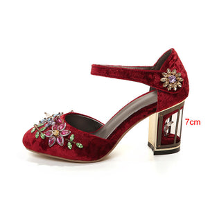 Woman Mary Jane Shoes Velvet with Rhinestone 7cm/9cm Strange Style Heel Shoes Wedding Party Shoes size 33-43 MENG03 MUYISEXI