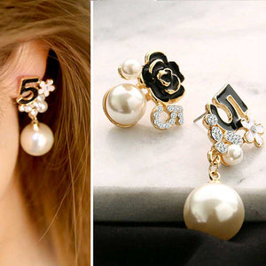 Pearl Number 5 Long Dangle Chain Earrings For Women