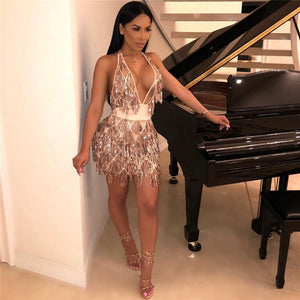 Sequin Tassel Sexy 2 Piece Set Women Satin Bandage Top and Skirt Set Party Club Two Piece Matching Outfits Women Sets Clothes