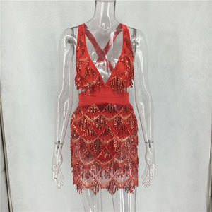 Sequin Tassel Sexy 2 Piece Set Women Satin Bandage Top and Skirt Set Party Club Two Piece Matching Outfits Women Sets Clothes