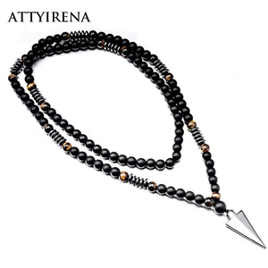 New Design Long Necklac 8MM Tiger Stone Bead Black Men's Hematite Triangle Pendants Necklace Geometry Gothic Vintage Jewelry
