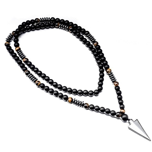 New Design Long Necklac 8MM Tiger Stone Bead Black Men's Hematite Triangle Pendants Necklace Geometry Gothic Vintage Jewelry