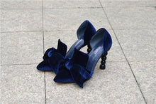 Load image into Gallery viewer, Navy Blue Brand Designer Women Shoes Pearl High Heel Pointed Toe Velvet Bow 9 cm Stiletto Party Shoes Pumps YT02 MUYISEXI