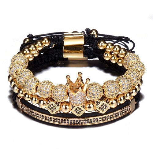 3pcs/Set Hip Hop Gold Crown Bracelets 8MM Cubic Micro Pave CZ Ball Charm Braided Braiding Man Luxury Jewelry