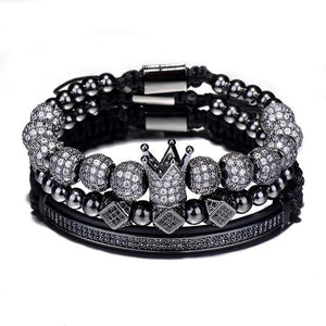 3pcs/Set Hip Hop Gold Crown Bracelets 8MM Cubic Micro Pave CZ Ball Charm Braided Braiding Man Luxury Jewelry