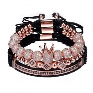 3pcs/Set Hip Hop Gold Crown Bracelets 8MM Cubic Micro Pave CZ Ball Charm Braided Braiding Man Luxury Jewelry