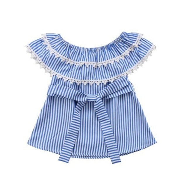 Newborn Infant Baby Girls Floral Off Shoulder Mini Dress Striped Printed Lace Floral Party Mini Dress Clothes
