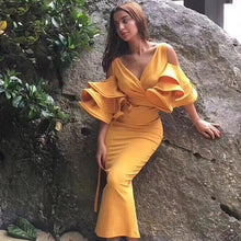 Load image into Gallery viewer, Adyce New Summer Women Club Dress Vestidos Verano 2019 Celebrity Party Dress Yellow Red Ruffle Butterfly Short Sleeve Midi Dress