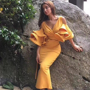 Adyce New Summer Women Club Dress Vestidos Verano 2019 Celebrity Party Dress Yellow Red Ruffle Butterfly Short Sleeve Midi Dress