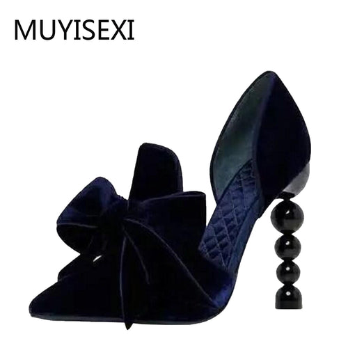 Navy Blue Brand Designer Women Shoes Pearl High Heel Pointed Toe Velvet Bow 9 cm Stiletto Party Shoes Pumps YT02 MUYISEXI