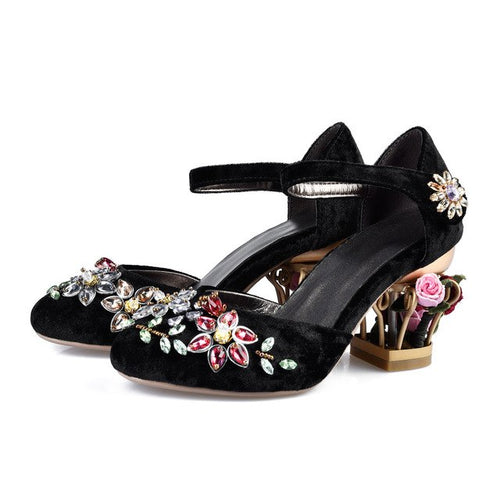 Mary Jane Shoes Woman Velvet with Crystal Flower Med Fretwork Heels Wedding Party Shoes for Women plus size MENG02 MUYISEXI