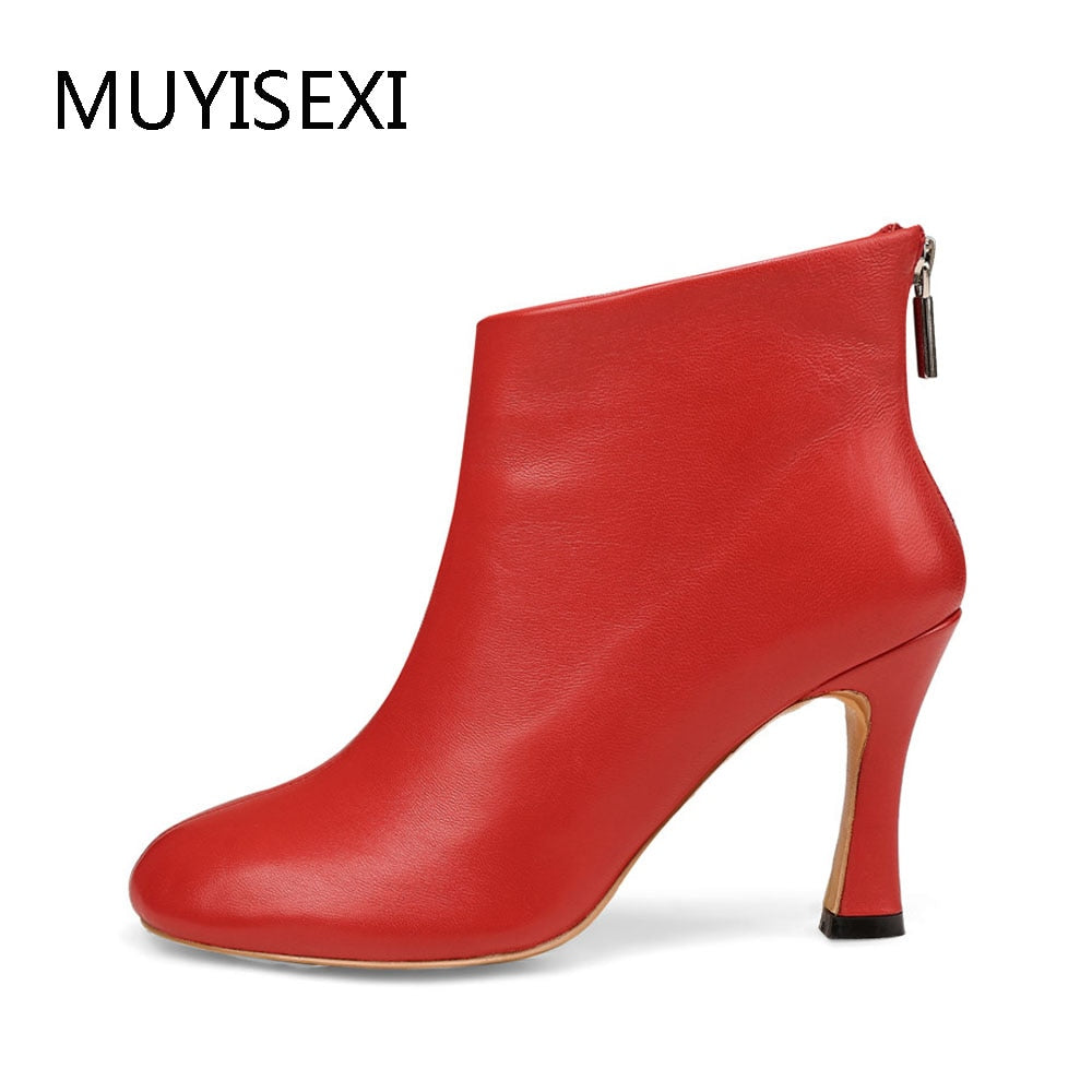 Autumn Boots For Women Sheepskin Round Toe Women Shoes High Heel Women Sexy Ankle Boots Genuine Leather Black Red MT11 MUYISEXI