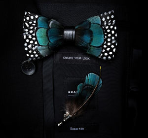 GUSLESON New Fashion Handmade Mens Feather and Leather Bow Tie Brooch Set Pre-tied Bowtie