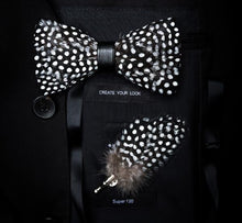 Load image into Gallery viewer, GUSLESON New Fashion Handmade Mens Feather and Leather Bow Tie Brooch Set Pre-tied Bowtie