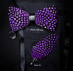 GUSLESON New Fashion Handmade Mens Feather and Leather Bow Tie Brooch Set Pre-tied Bowtie