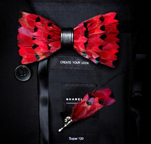 Load image into Gallery viewer, GUSLESON New Fashion Handmade Mens Feather and Leather Bow Tie Brooch Set Pre-tied Bowtie