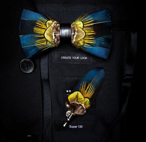 GUSLESON New Fashion Handmade Mens Feather and Leather Bow Tie Brooch Set Pre-tied Bowtie