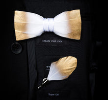 Load image into Gallery viewer, GUSLESON New Fashion Handmade Mens Feather and Leather Bow Tie Brooch Set Pre-tied Bowtie