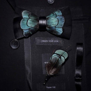 GUSLESON New Fashion Handmade Mens Feather and Leather Bow Tie Brooch Set Pre-tied Bowtie
