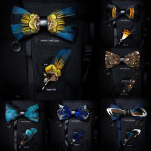 Load image into Gallery viewer, GUSLESON New Fashion Handmade Mens Feather and Leather Bow Tie Brooch Set Pre-tied Bowtie