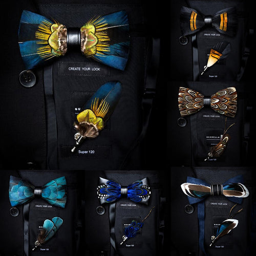 GUSLESON New Fashion Handmade Mens Feather and Leather Bow Tie Brooch Set Pre-tied Bowtie