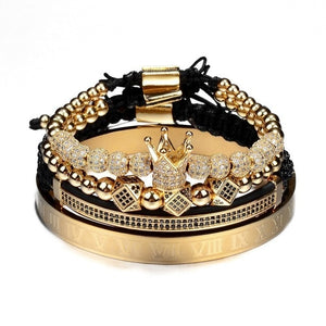 4pcs/set Gold Hip Hop Braided Braiding Bracelet Men Pave CZ Zircon Crown  Roman Numeral Bracelet Luxury Jewelry