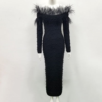White Beaded Elegant Evening Tassel Bandage Long Sleeve Off The Shoulder Dress Black / S White Beaded Elegant Evening Tassel Bandage Long Sleeve Off The Shoulder Dress Black / S