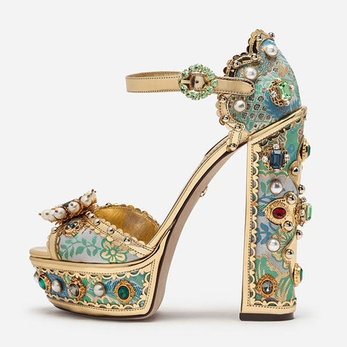 Luxury Gems Pearls Flowers Platform Extremely High Chunky Heels Buckle Strap Embroidery Women's Banquet Shoes