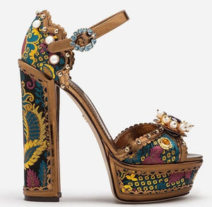Luxury Gems Pearls Flowers Platform Extremely High Chunky Heels Buckle Strap Embroidery Women's Banquet Shoes
